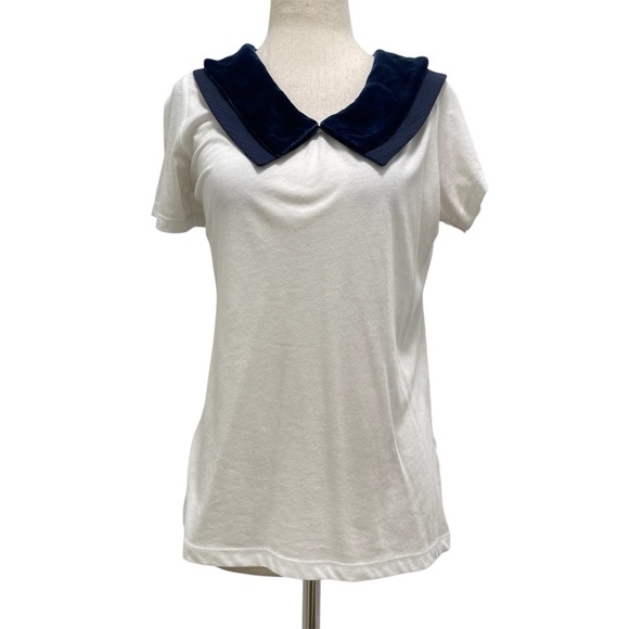 Joey Wolffer Tops - Joey Wolffer Reworked Blue Velvet Collared White T-Shirt Size Small